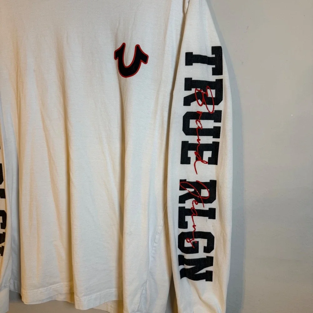 True Religion Mens White Long Sleeve Graphic Logo T-Shirt XL Horseshoe Branding